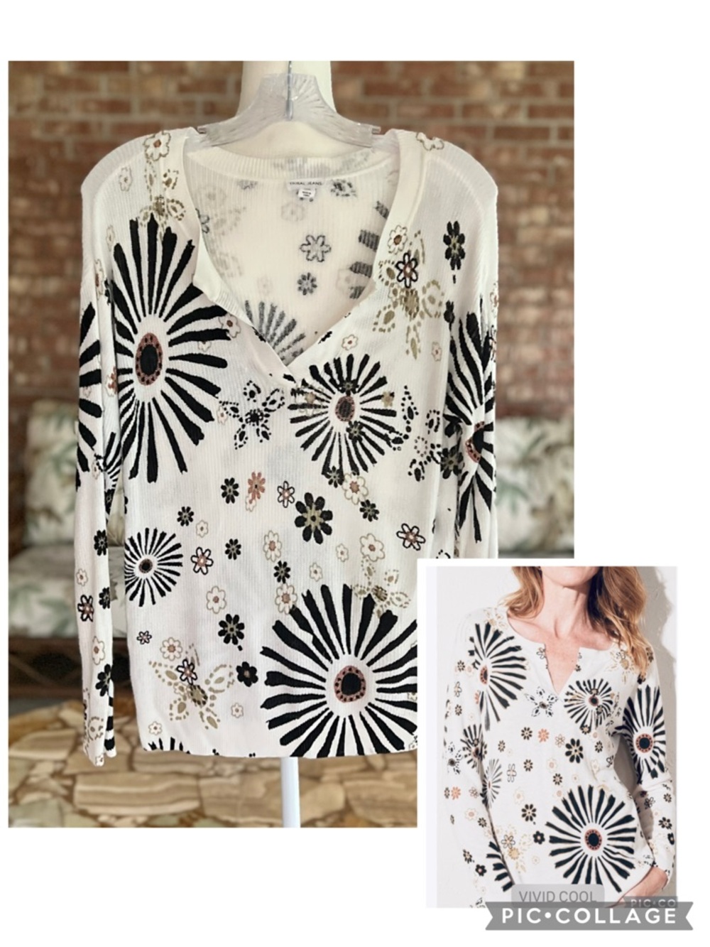 Tribal Jeans Top Ribbed Knit Floral Sunburst Ivory Black S Lightweight